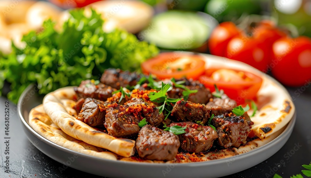 Juicy grilled meat served with fresh vegetables and flatbread, creating a colorful and appetizing dish Juicy grilled meat served with fresh vegetables and flatbread, creating a colorful and appetizing dish