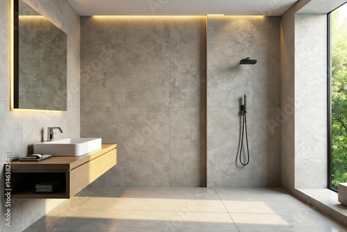 Floating vanity, rain shower, natural stone walls , zen, texture, neutral