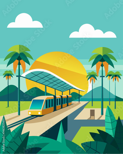 An openair train station in a tropical environment its curved solar panels providing shade for passengers while also collecting energy.. Vector illustration