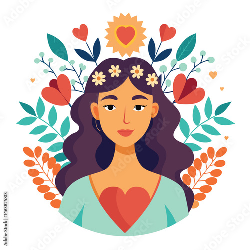 Woman with heart and flower wreath. Self-love, acceptance and care for mental health. Psychology concept. Calm emotion, trust, empathy and hope. Flat vector illustration isolated on white background
