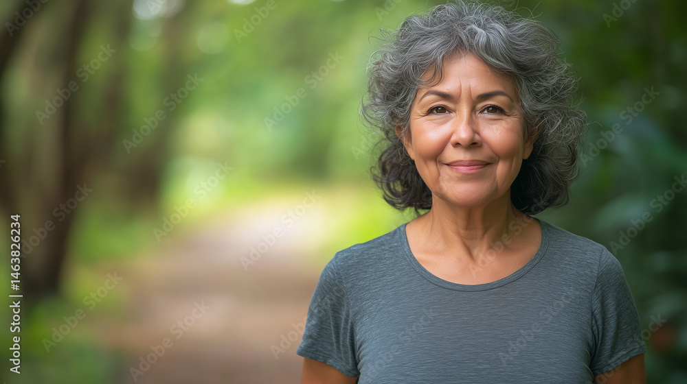 Middle aged hispanic woman jogging on a forest trail, summer time. Healthy outdoor activity. Sports activity outdoors, in green forest. Elderly South American woman jogging outdoors. Cardio exercising Middle aged hispanic woman jogging on a forest trail, summer time. Healthy outdoor activity. Sports activity outdoors, in green forest. Elderly South American woman jogging outdoors. Cardio exercising