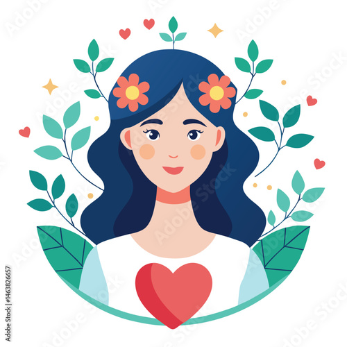 Woman with heart and flower wreath. Self-love, acceptance and care for mental health. Psychology concept. Calm emotion, trust, empathy and hope. Flat vector illustration isolated on white background
