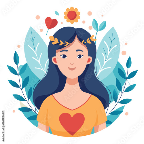 Woman with heart and flower wreath. Self-love, acceptance and care for mental health. Psychology concept. Calm emotion, trust, empathy and hope. Flat vector illustration isolated on white background
