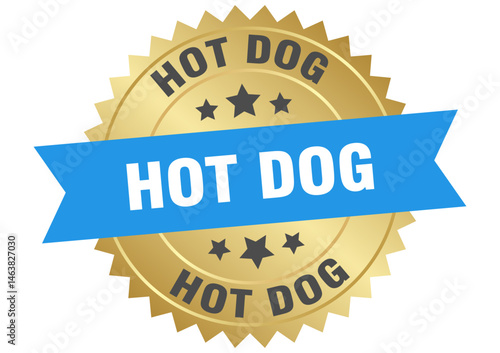 hot dog. hot dog round blue and gold label isolated on transparent background