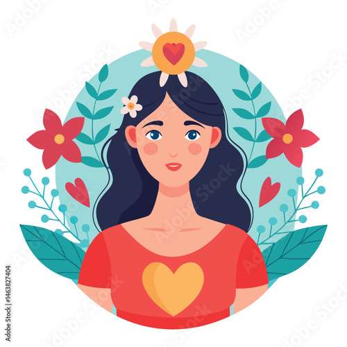 Woman with heart and flower wreath. Self-love, acceptance and care for mental health. Psychology concept. Calm emotion, trust, empathy and hope. Flat vector illustration isolated on white background