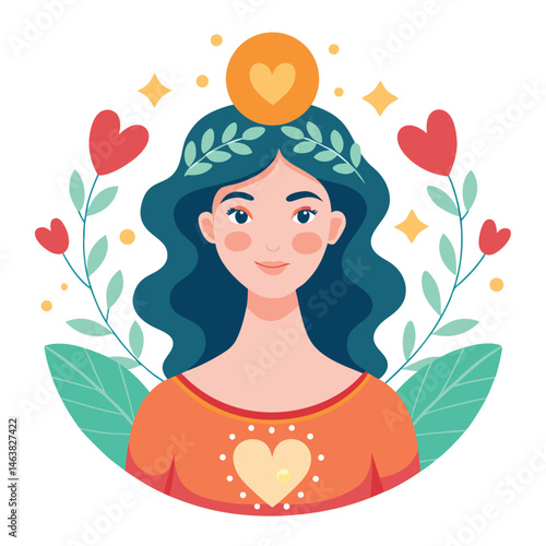 Woman with heart and flower wreath. Self-love, acceptance and care for mental health. Psychology concept. Calm emotion, trust, empathy and hope. Flat vector illustration isolated on white background