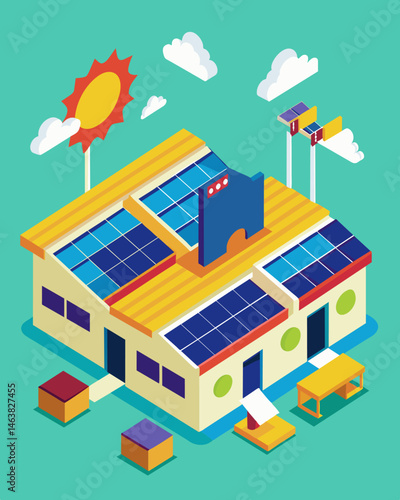 Like a puzzle of clean energy the solar panels on the shopping centers rooftop fit together perfectly providing a unique and sustainable solution to its energy needs.. Vector illustration