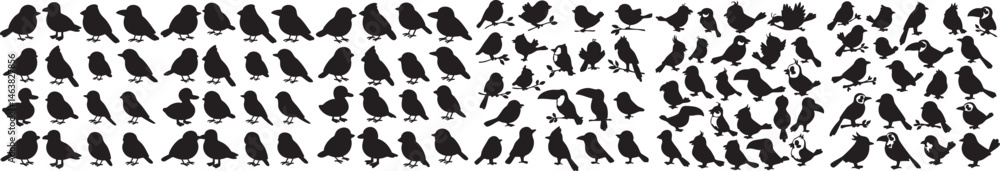 Obraz premium Collection of Small Bird Silhouettes, Bird Silhouettes Vector Illustration Flying Perched Small Birds Collection Outline Icons Black and White