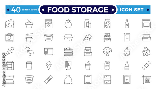 Food storage outline icon set .Groceries Icon Set. Fresh Produce, Dairy, Snacks, Meats, Condiments, Beverages, Baby Food, Household Items. Editable stroke outline icon.
