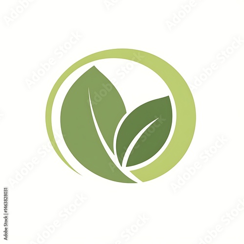 Green circle with two leaves inside in a simple minimalistic style on a white background using graphics