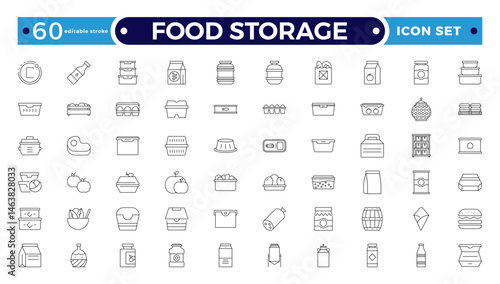 Food storage outline icon set .Groceries Icon Set. Fresh Produce, Dairy, Snacks, Meats, Condiments, Beverages, Baby Food, Household Items. Editable stroke outline icon.
