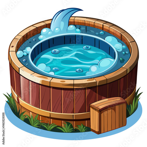 A detailed vector illustration of an outdoor round jacuzzi filled with bubbling water, isolated on a white background