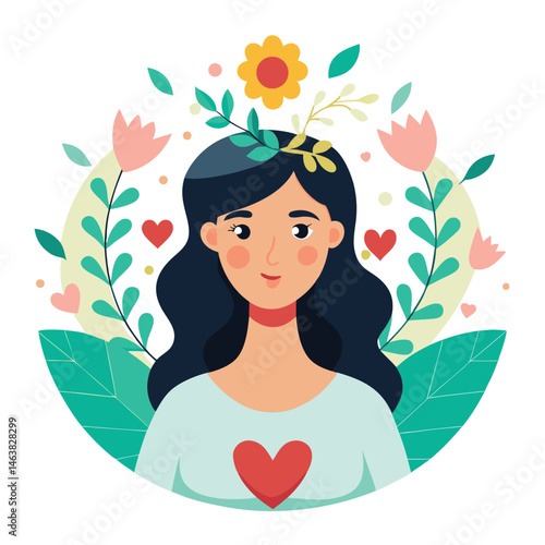Woman with heart and flower wreath. Self-love, acceptance and care for mental health. Psychology concept. Calm emotion, trust, empathy and hope. Flat vector illustration isolated on white background