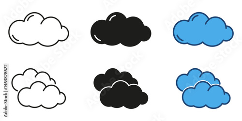 Cloud weather symbols line and solid icon set. Various cloudy shapes, including sunshine and rain elements, ideal for weather apps and forecasts. Isolated vector illustration