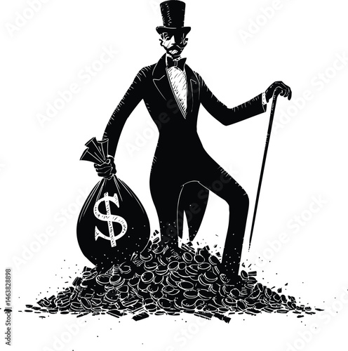 Wealthy Gentleman and Fortune Vector Silhouette Featuring a Classic Aristocratic Figure in a Suit and Top Hat, Holding a Large Money Bag While Standing on a Heap of Coins and Bills