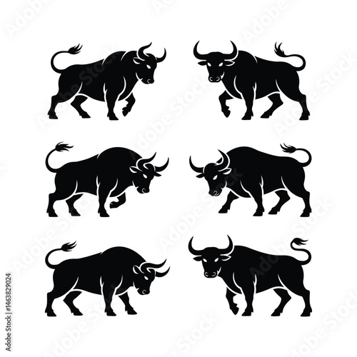Six Silhouettes of Powerful Bulls Ready for Action