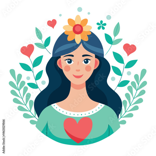Woman with heart and flower wreath. Self-love, acceptance and care for mental health. Psychology concept. Calm emotion, trust, empathy and hope. Flat vector illustration isolated on white background