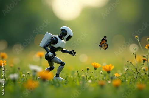 Fototapeta Naklejka Na Ścianę i Meble -  A robot runs through a summer field with wildflowers on a sunny day. The concept of summer, recreation, and nature