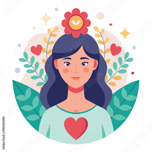 Woman with heart and flower wreath. Self-love, acceptance and care for mental health. Psychology concept. Calm emotion, trust, empathy and hope. Flat vector illustration isolated on white background