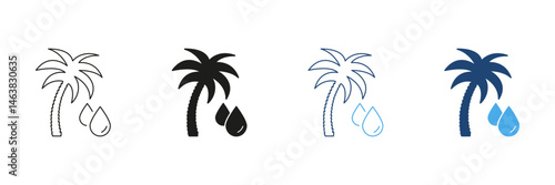 Palm Tree With Oil Drops Line and Silhouette Icon Set. Palm Oil Production And Industry In Agriculture And Economy. Editable Stroke. Isolated Vector Illustration