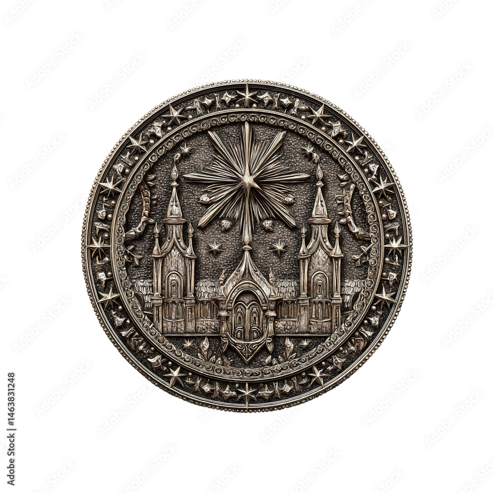 Fototapeta premium Intricate Silver Medallion with Starburst and Architectural Design