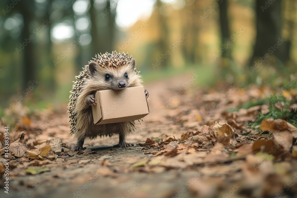 Fototapeta premium Hedgehog deliveryman on a forest path, with parcel spines creating a whimsical and charming scene of nature and service.