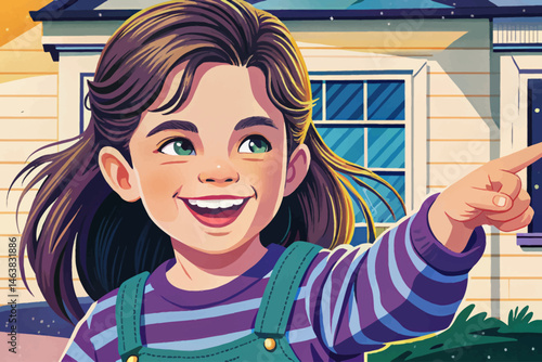 Young girl confidently pointing to the side, symbolizing direction, guidance, new idea, or attention to a specific subject. Perfect for concepts of education, marketing, leadership, and inspiration