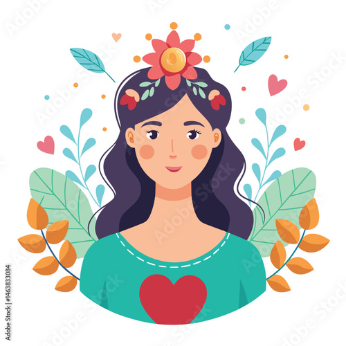 Woman with heart and flower wreath. Self-love, acceptance and care for mental health. Psychology concept. Calm emotion, trust, empathy and hope. Flat vector illustration isolated on white background