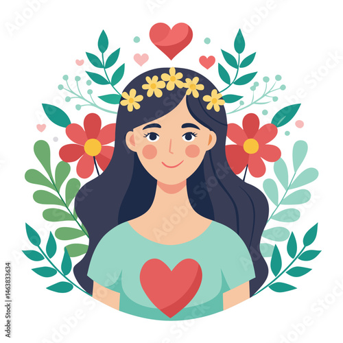 Woman with heart and flower wreath. Self-love, acceptance and care for mental health. Psychology concept. Calm emotion, trust, empathy and hope. Flat vector illustration isolated on white background