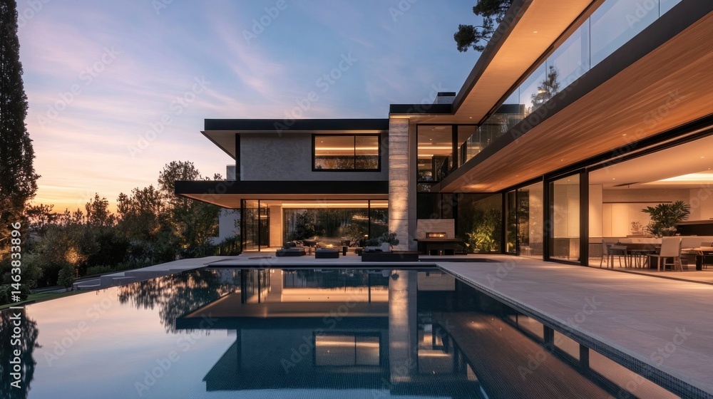 Modern luxury villa at sunset with pool and garden view Modern luxury villa at sunset with pool and garden view
