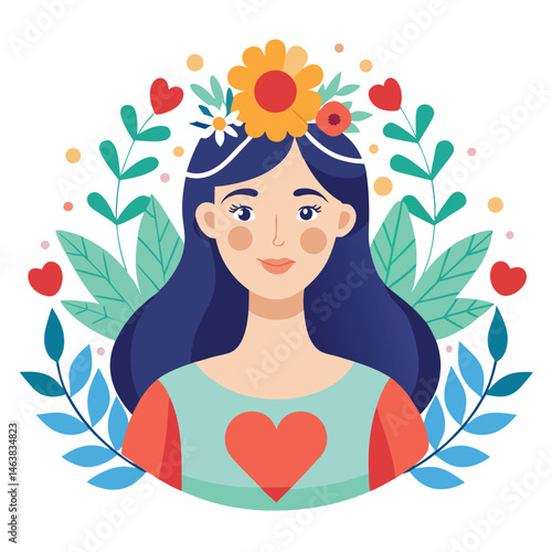 Woman with heart and flower wreath. Self-love, acceptance and care for mental health. Psychology concept. Calm emotion, trust, empathy and hope. Flat vector illustration isolated on white background