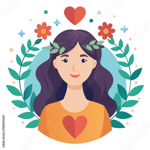 Woman with heart and flower wreath. Self-love, acceptance and care for mental health. Psychology concept. Calm emotion, trust, empathy and hope. Flat vector illustration isolated on white background