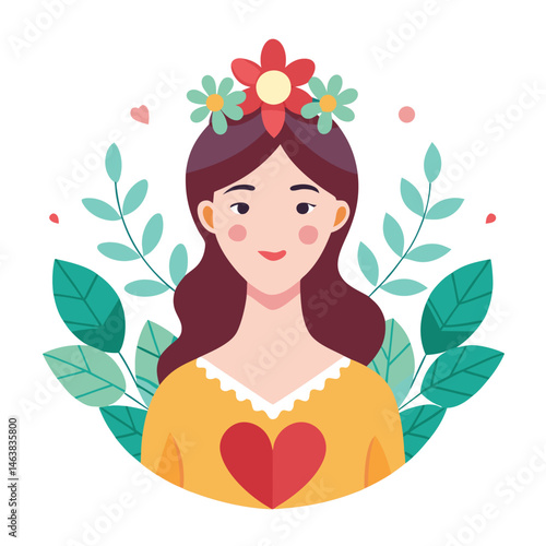 Woman with heart and flower wreath. Self-love, acceptance and care for mental health. Psychology concept. Calm emotion, trust, empathy and hope. Flat vector illustration isolated on white background