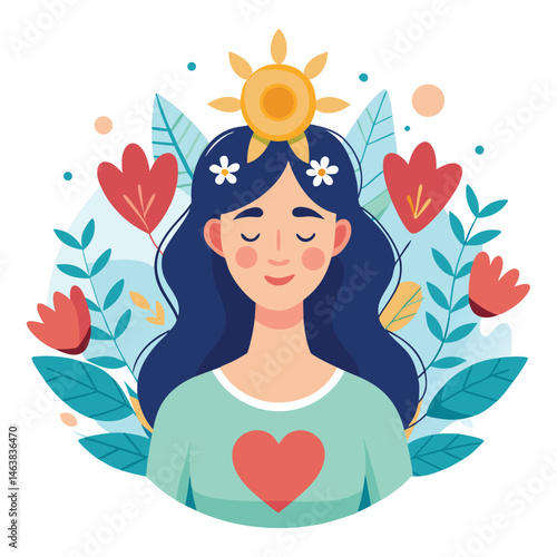 Woman with heart and flower wreath. Self-love, acceptance and care for mental health. Psychology concept. Calm emotion, trust, empathy and hope. Flat vector illustration isolated on white background