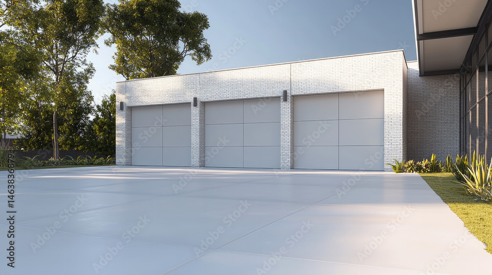 Modern light grey garage with three large doors, white brick exterior, clean concrete driveway, minimal landscaping, and bright natural daylight create calm and contemporary atmosphere