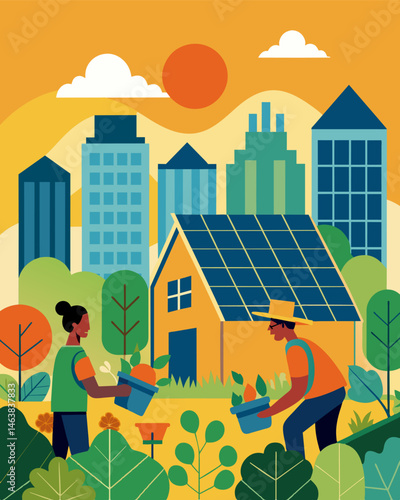 Urban farmers tend to their crops under the shade of towering solar panels bringing a touch of sustainability to the concrete jungle.. Vector illustration
