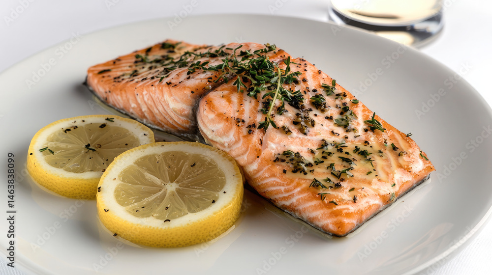 Grilled salmon fillet with fresh herbs and lemon slices on white plate, healthy seafood meal, delicious and appetizing presentation for dinner or lunch