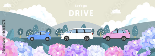 紫陽花と車のイラスト_2