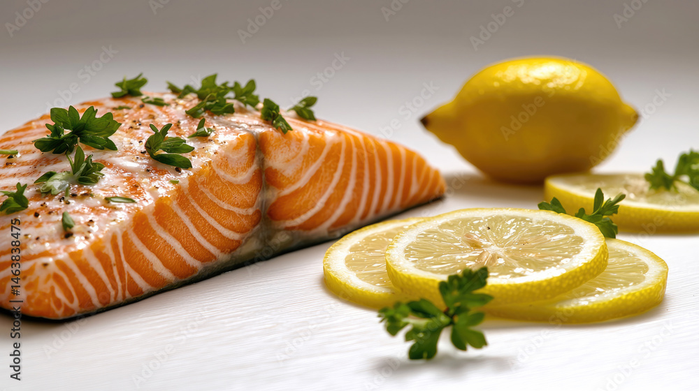 Freshly cooked salmon fillet garnished with parsley and black pepper, served with lemon slices and whole lemon on white background, creating healthy and appetizing meal