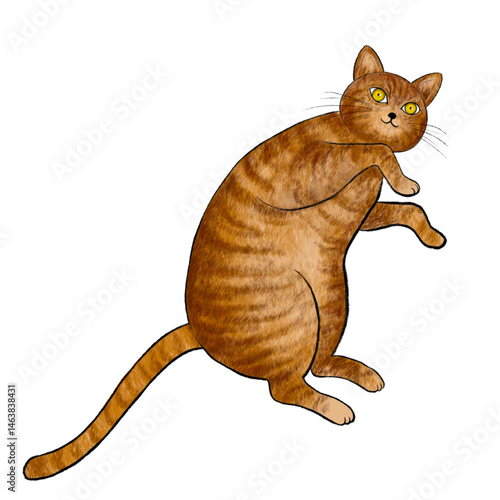 Illustration of a brown tabby lying on its side, Illustration of a purring brown tabby, Illustration of a lounging brown tabby
