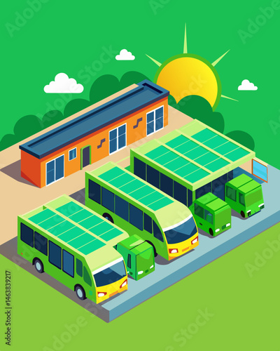 The newly built solarpowered bus depot stands out with its bright green exterior and rows of sleek buses powered entirely by renewable energy.. Vector illustration