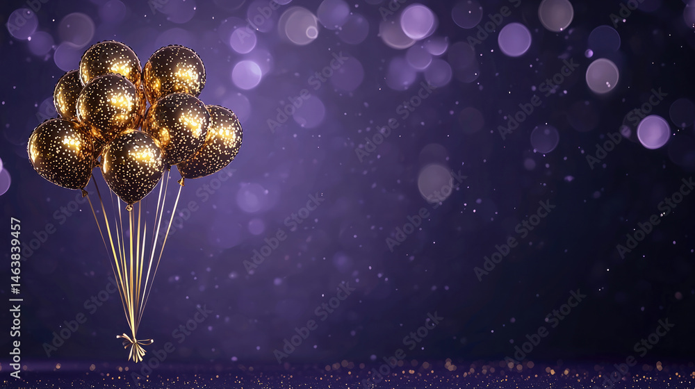Golden balloon cluster festive celebration sparkling confetti purple bokeh background elegant party decoration joyful atmosphere New Year event luxury style holiday mood