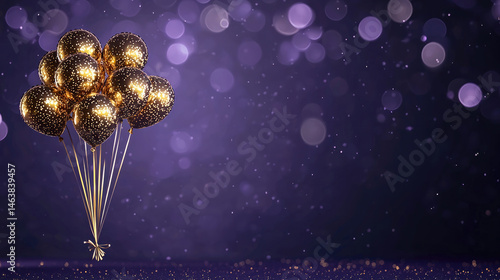 Obraz na płótnie Golden balloon cluster festive celebration sparkling confetti purple bokeh background elegant party decoration joyful atmosphere New Year event luxury style holiday mood w salonie