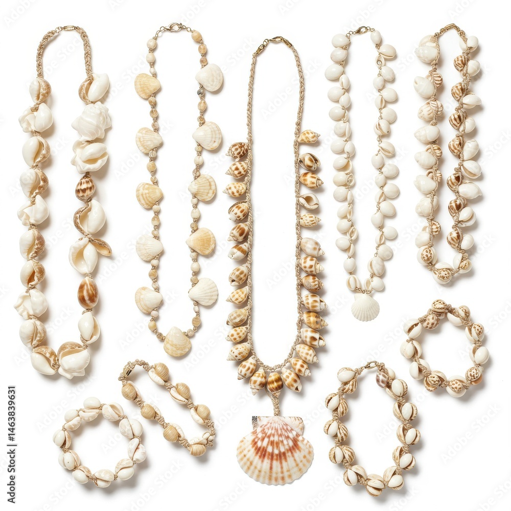 Seashell jewelry collection isolated on white background Seashell jewelry collection isolated on white background