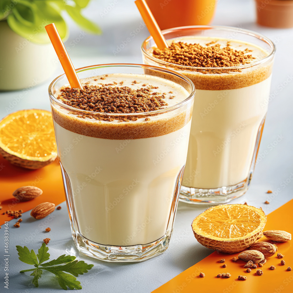 Two glasses of creamy smoothie with orange slices, almond, and crunchy topping, refreshing and healthy drink on bright table, vibrant and inviting atmosphere