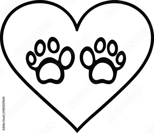 Heart and Paw Prints Vector Silhouette Featuring a Symmetrical Heart Shape with Two Pet Paw Prints Inside, Symbolizing Love and Care for Animals