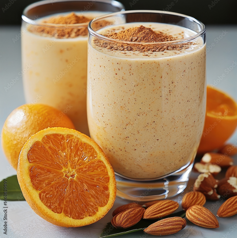 Two glasses of creamy orange almond smoothie topped with cinnamon, surrounded by fresh oranges, almonds, and walnuts, creating healthy and refreshing drink scene