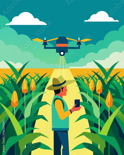 On a large corn farm a farmer operated a solarpowered drone equipped with infrared technology to detect sections of the field in need of fertilizer increasing yield and reducing. Vector illustration