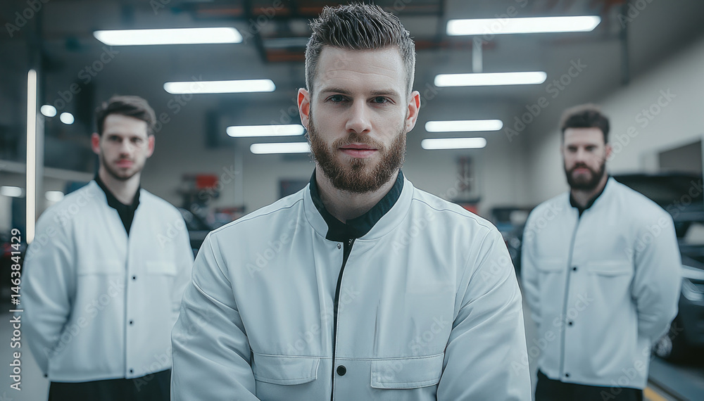 Three confident male mechanics in modern white uniforms stand in brightly lit auto repair shop, expressing professionalism and teamwork