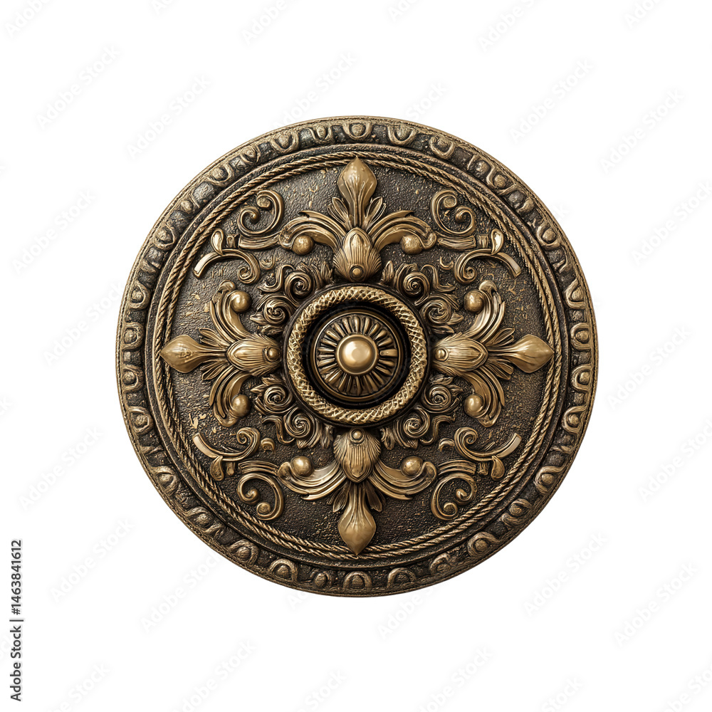 Fototapeta premium Ornate Bronze Ceiling Medallion, Decorative Round Ceiling Rose, Antique Style Wall Decor